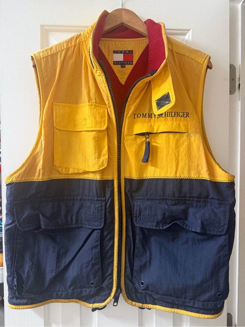 Vintage 90s Tommy Hilfiger Sailing Gear Vest Utility Cargo Yellow Navy Large